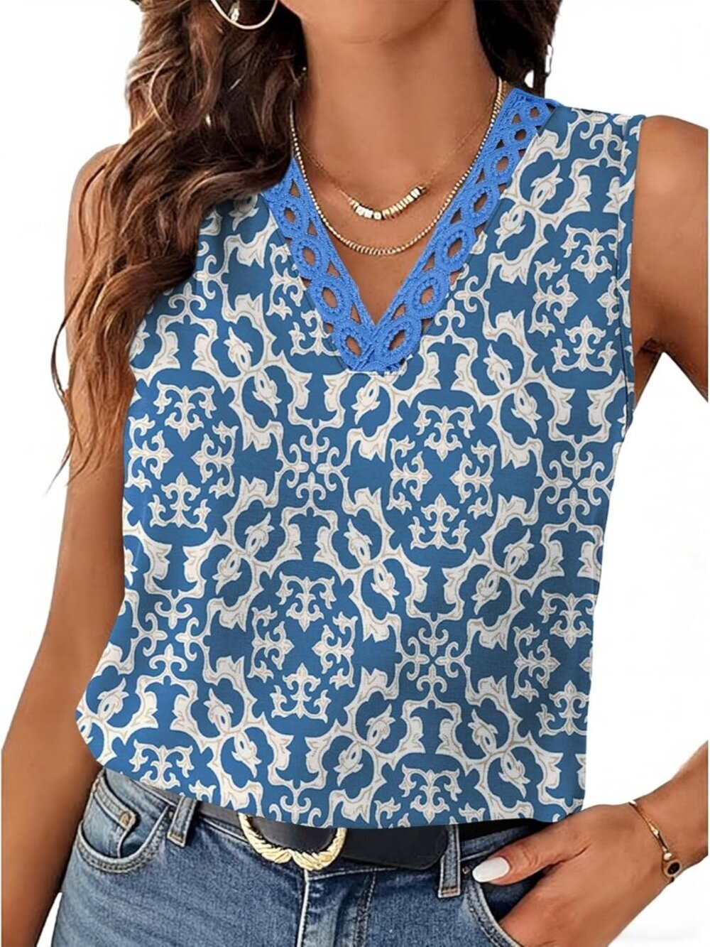 Women's Blue Lace V Neck Summer Loose Fit Sleeveless Shirts Casual Tank Top